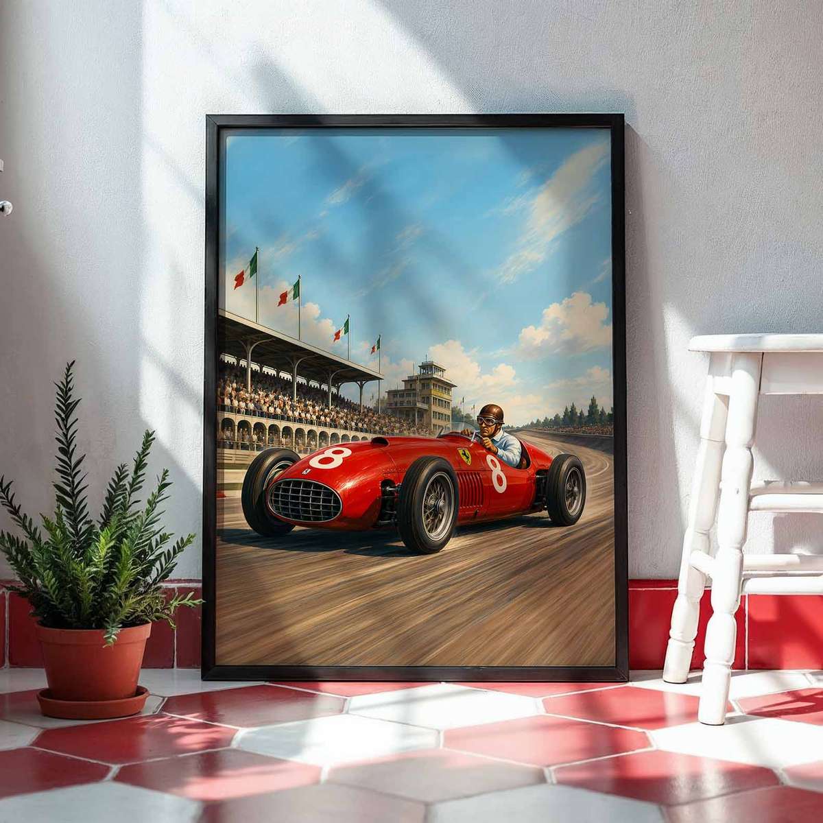Artistic view of Monza Circuit showing cornering action and dynamic race-day character for office decor