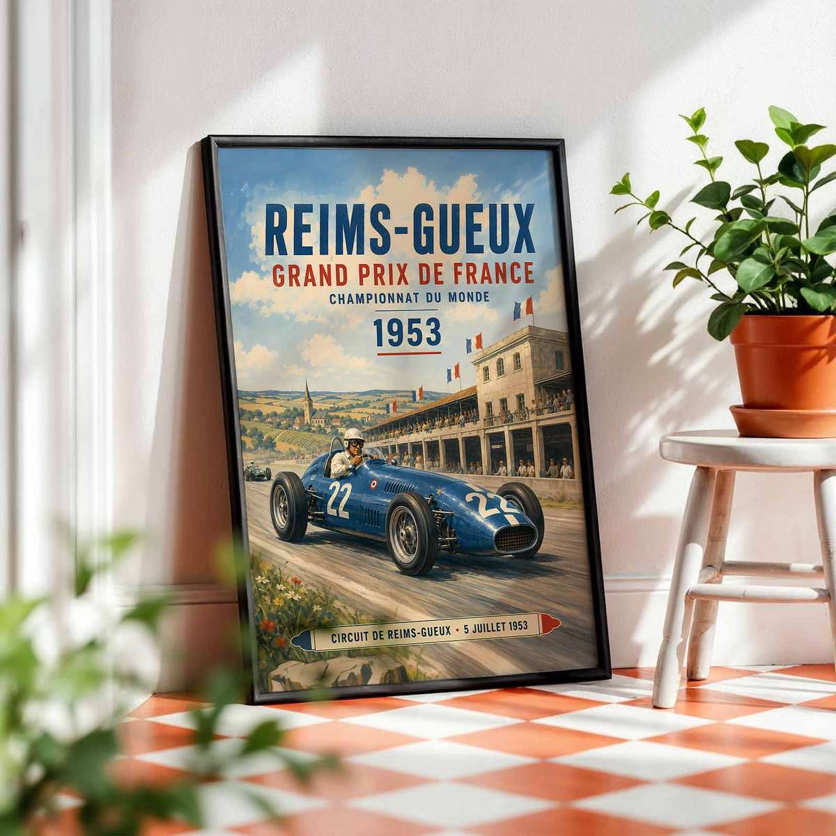 Gallery-style F1 artwork with vintage details for gaming room decor