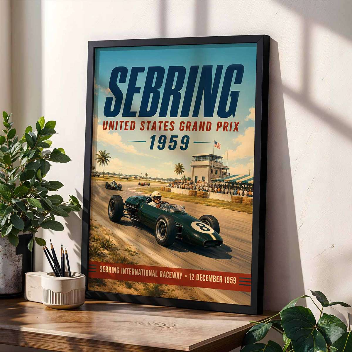 Retro Formula 1 decorative print featuring cornering action and dynamic race-day character for motorcycle fans
