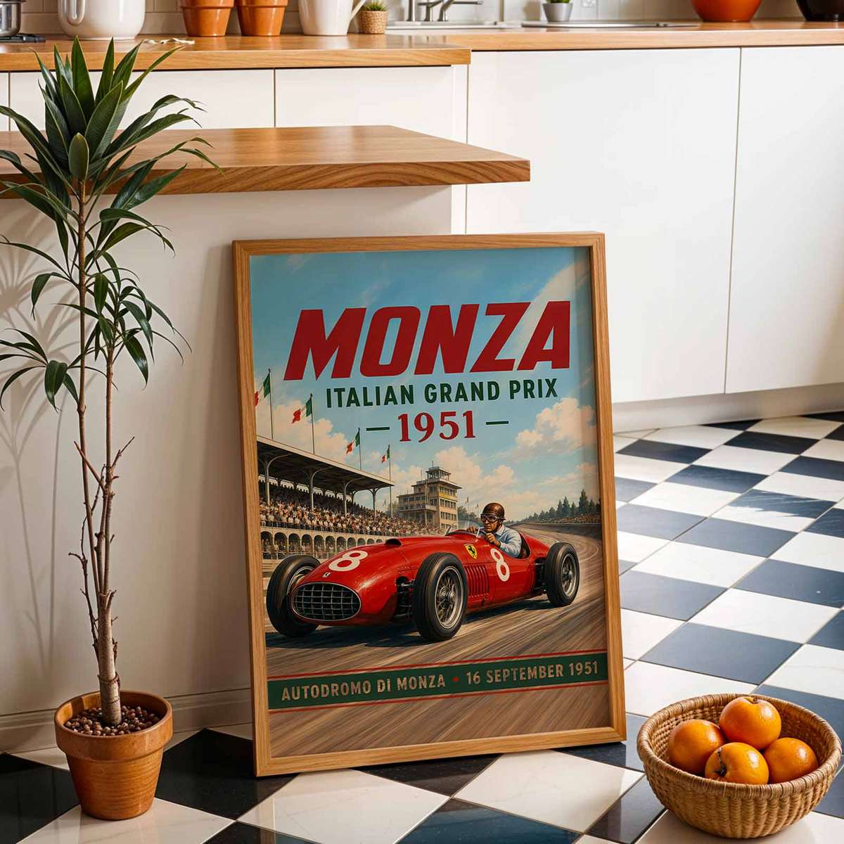 Autodromo Nazionale Monza Circuit decorative print featuring cornering action and dynamic race-day character inspired by grand prix for motorcycle fans