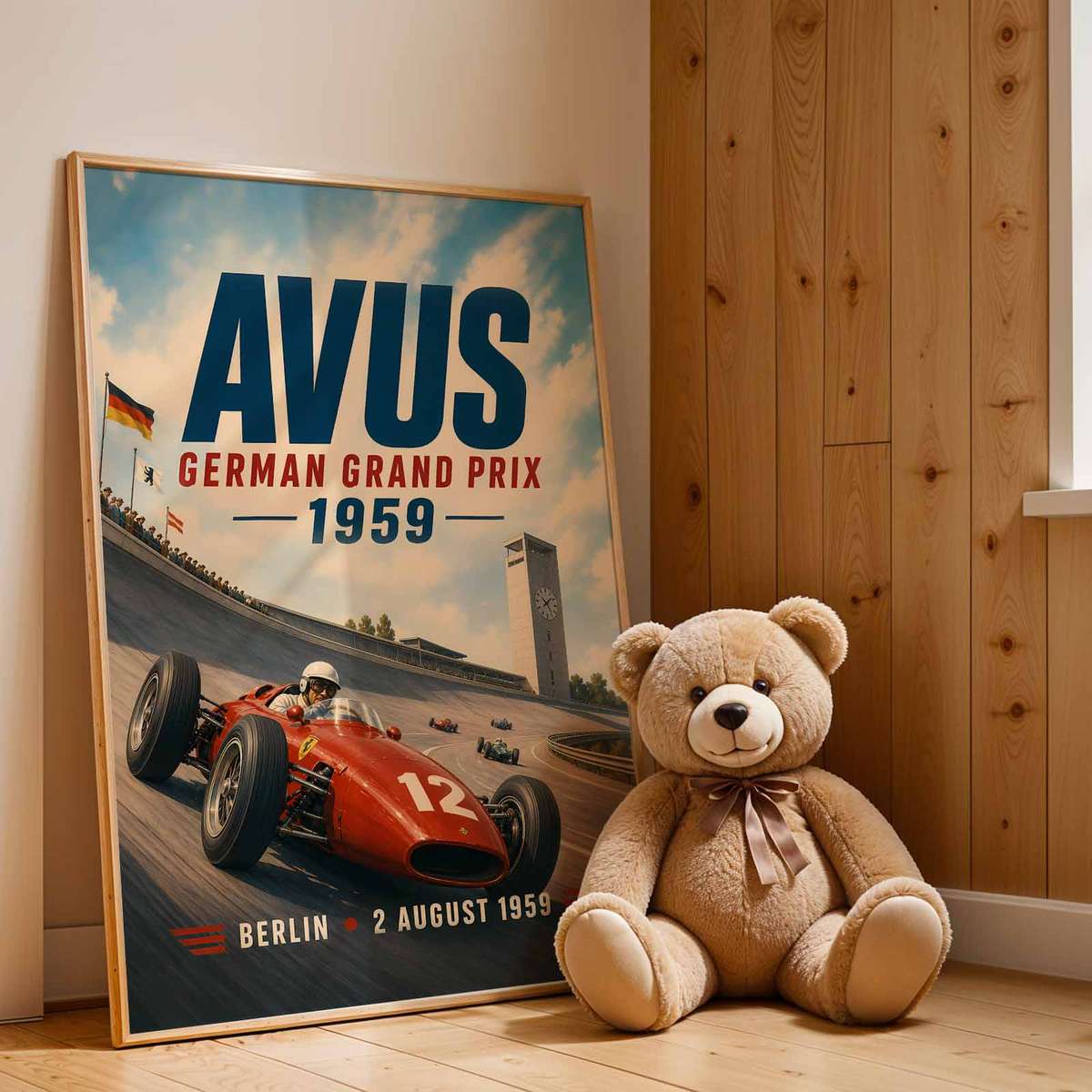 Retro wall art centered on Formula 1 with a technical atmosphere