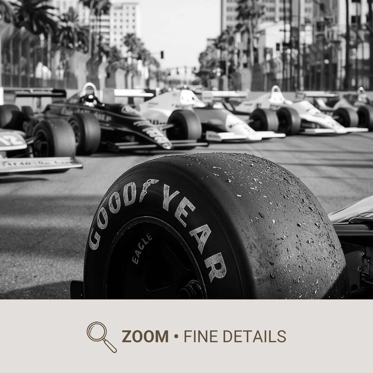 Retro poster showing palm trees framing a packed grandstand and a classic F1 car on track with faded colors and film wear