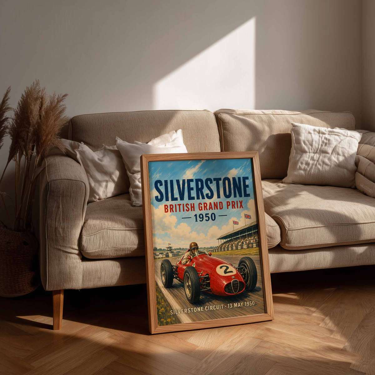 Historic illustration of Silver Stone Grand Prix presented through speed-focused composition with trackside detail