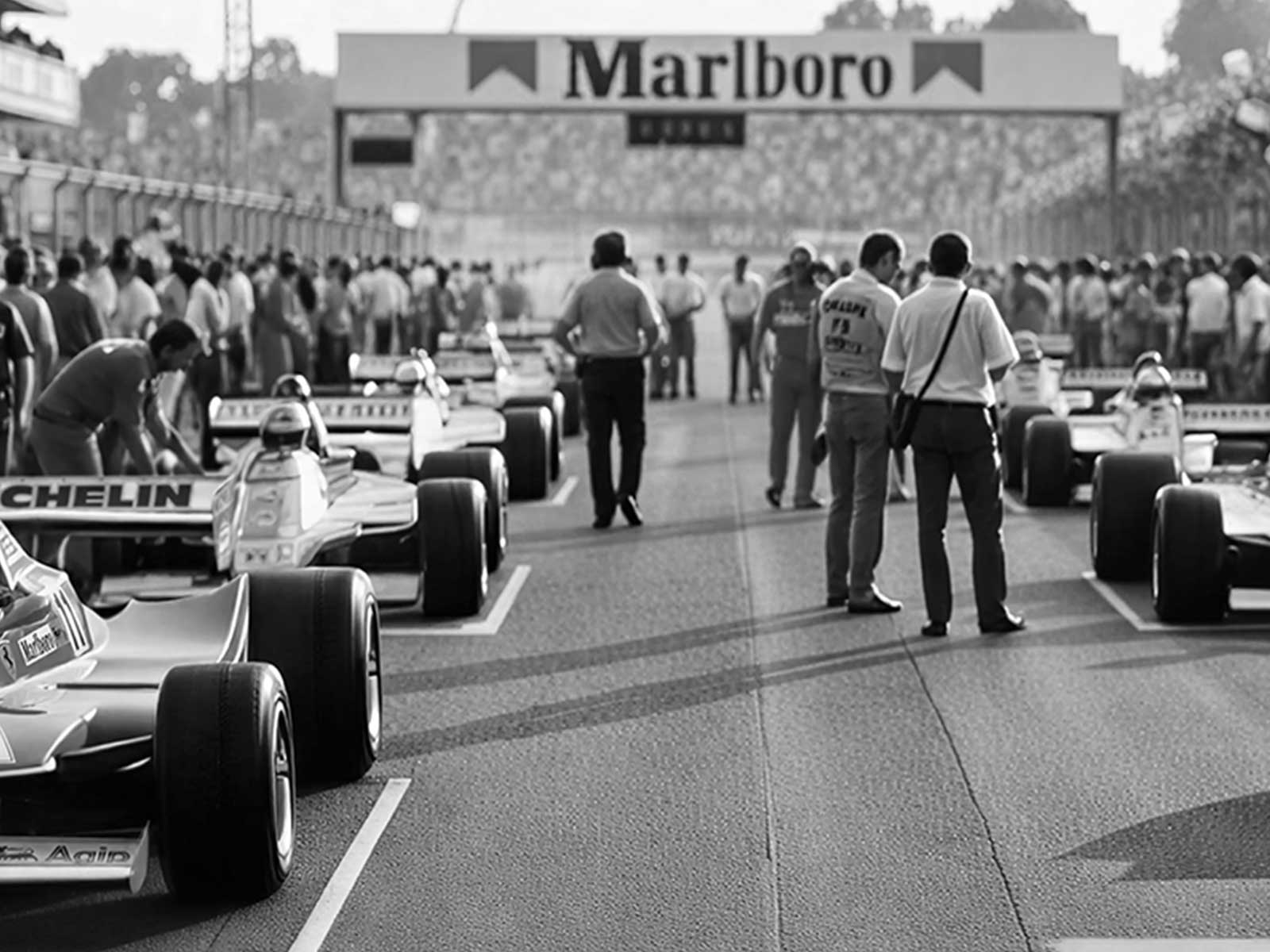 Retro depiction of Circuit de Barcelona skyline with classic F1 silhouettes and faded color palette