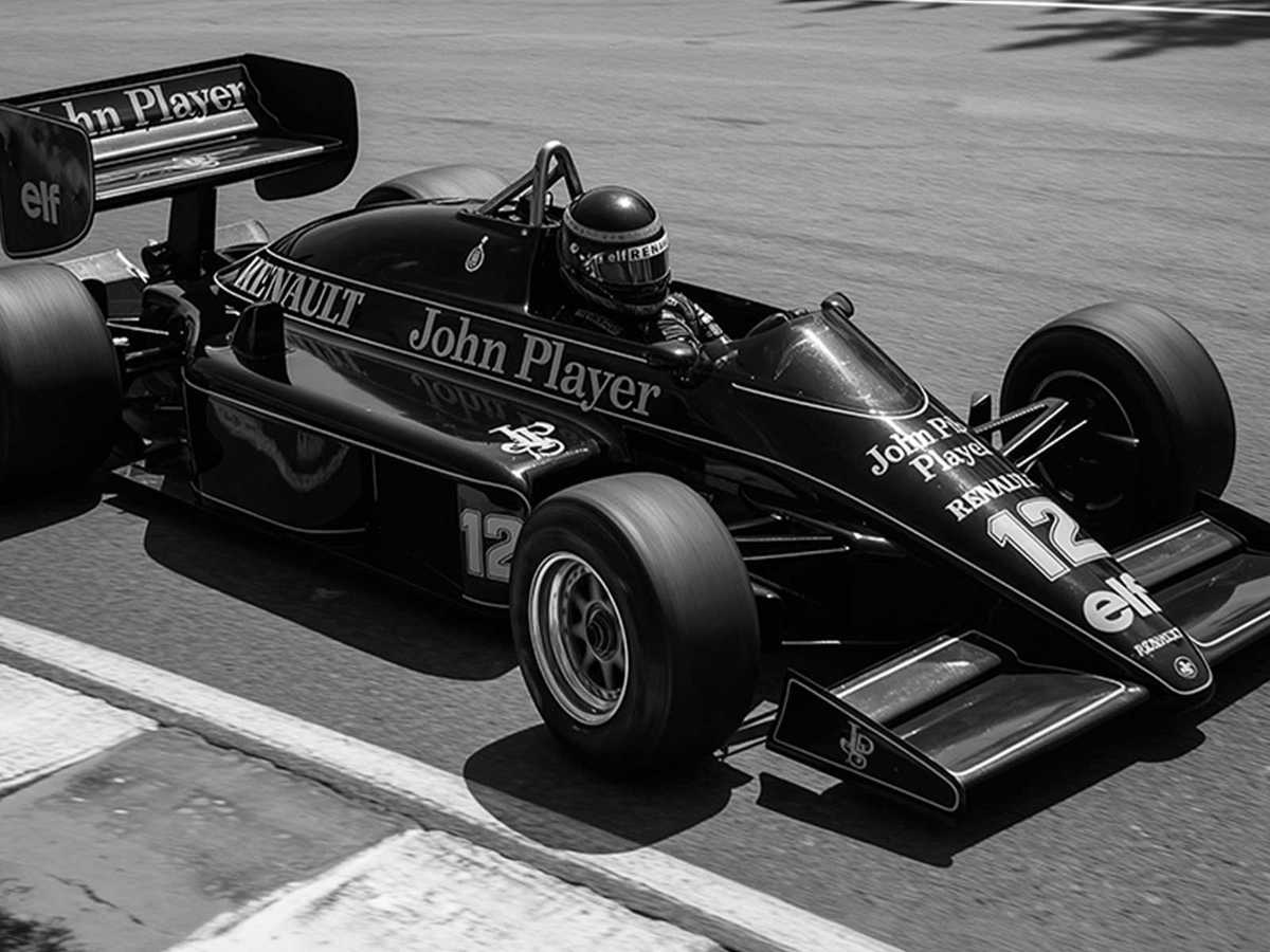 Close-up of the Lotus F1 car showing the green and gold livery, paint texture, and sponsor lines