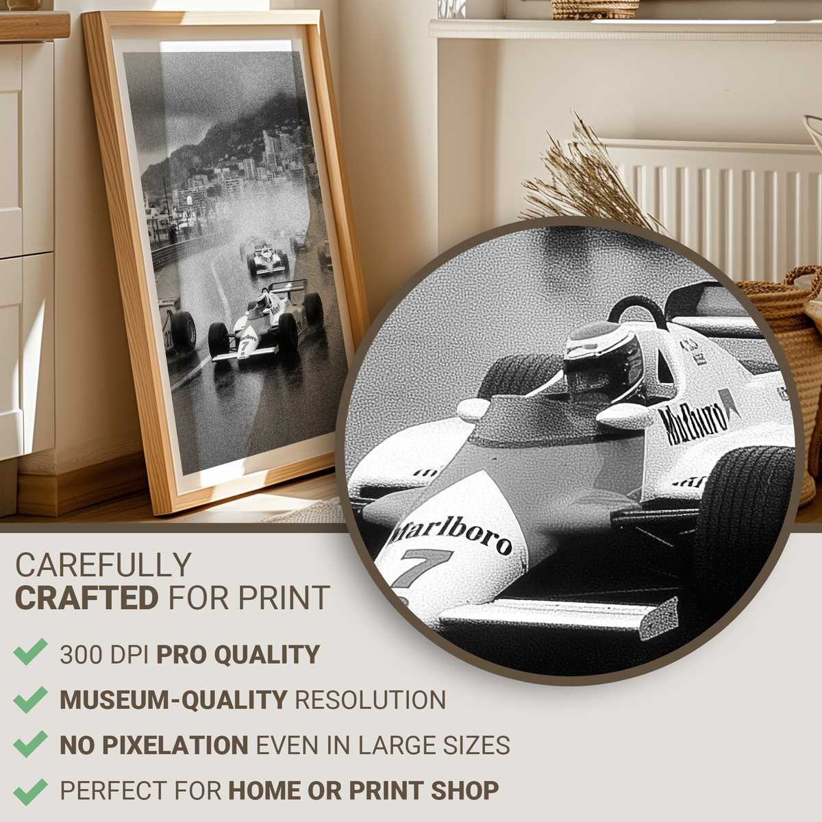 Wide-angle retro poster of a Formula 1 grid under heavy rain, cars cutting through spray with blurred stands in the…