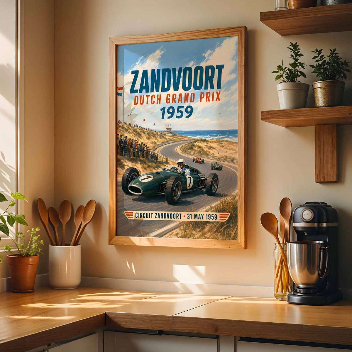 Artistic view of Dutch GP showing mechanical detail and competitive motion inspired by zandvoort 1959 formula one for gallery wall decor