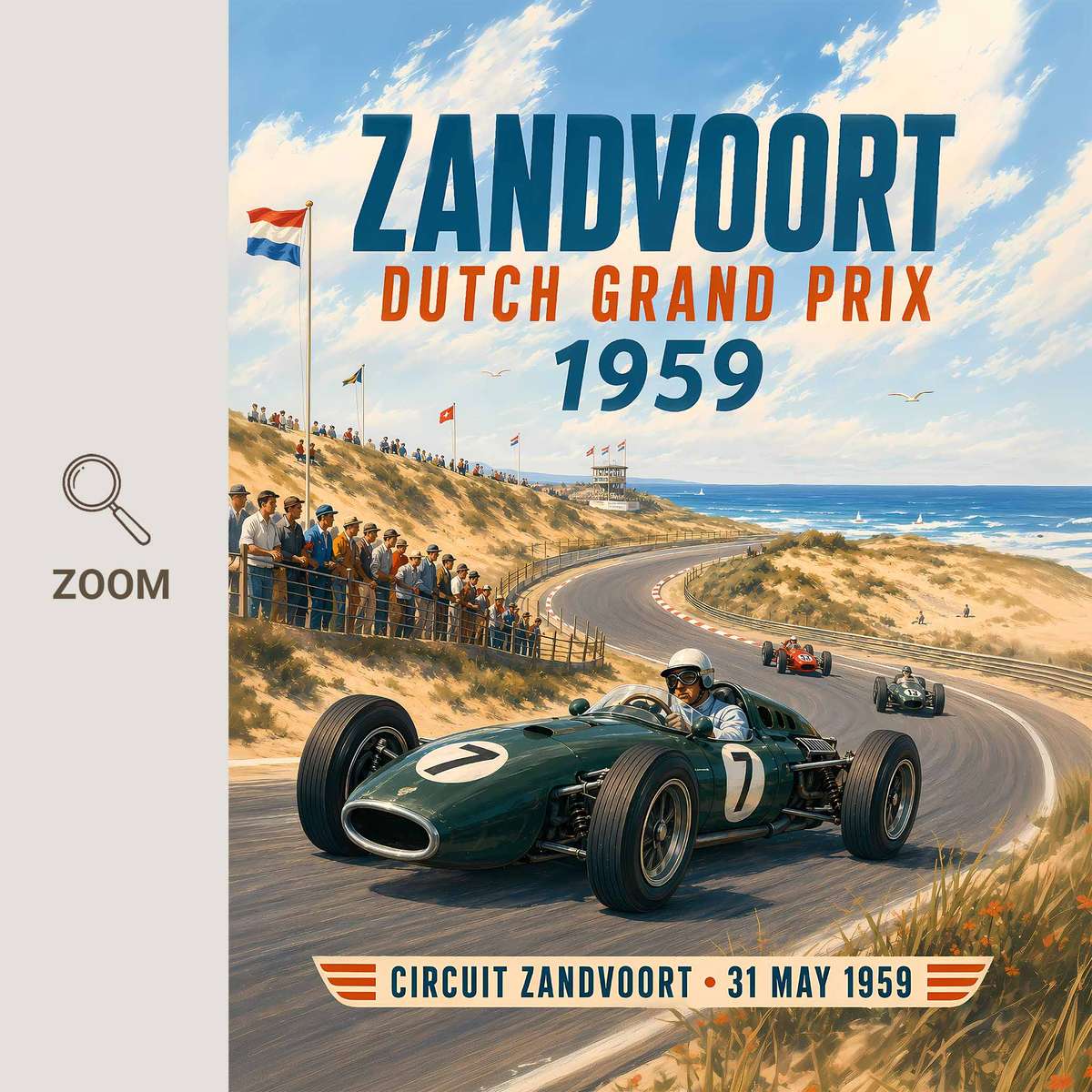 Vintage illustration of Dutch GP presented through mechanical detail and competitive motion inspired by zandvoort 1959 formula one