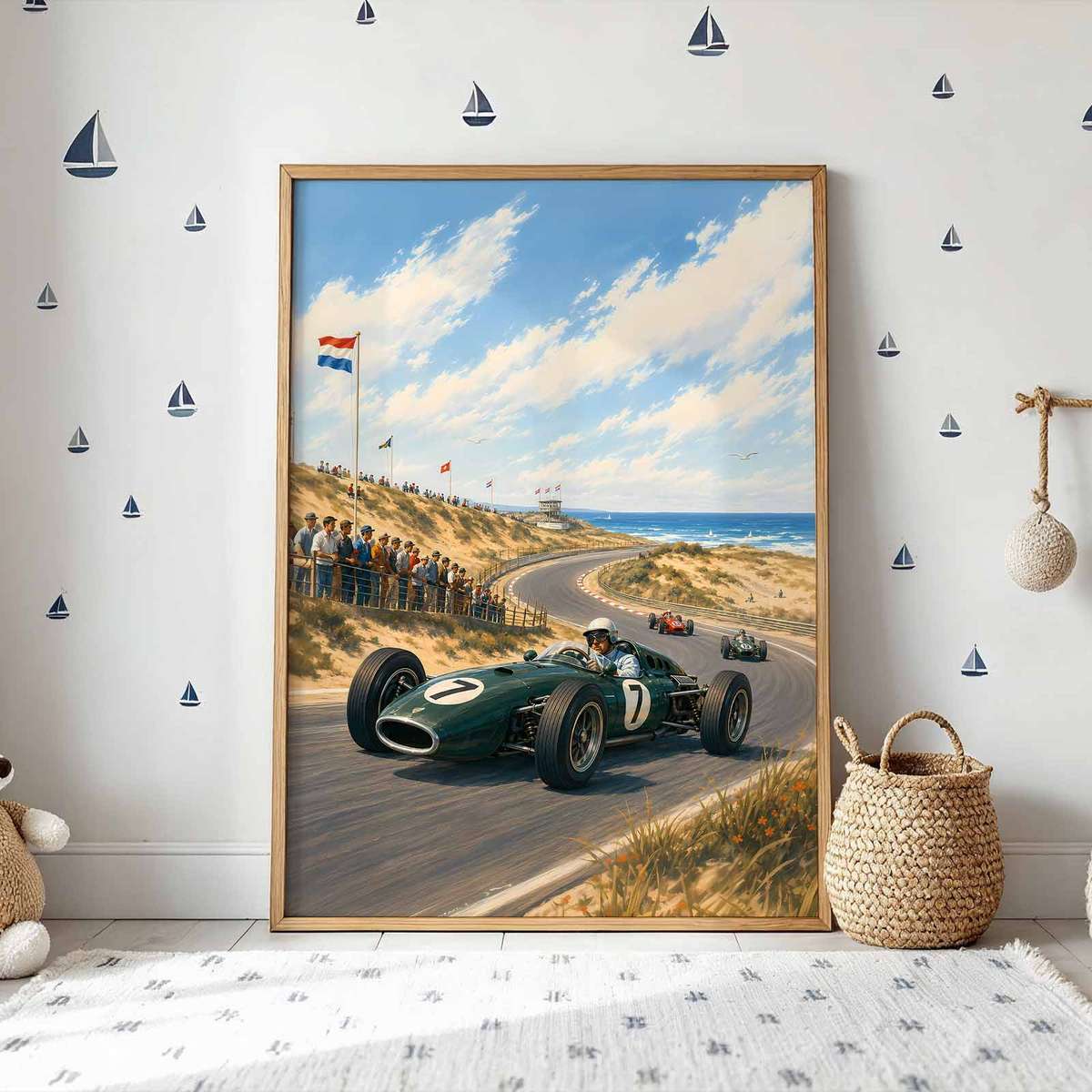 Dutch Grand Prix shown in a retro composition showcasing cornering action and dynamic race-day character inspired by zandvoort 1950s f1poster