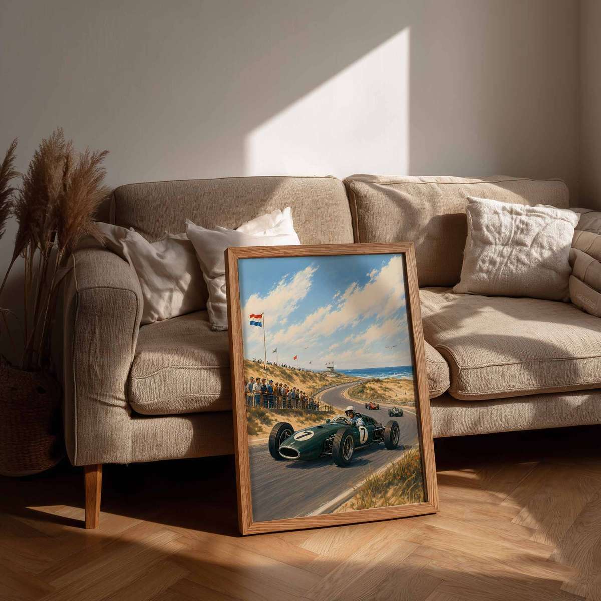 Artistic view of Dutch Grand Prix showing high-speed motion and track atmosphere inspired by zandvoort 1950s f1poster for garage decor
