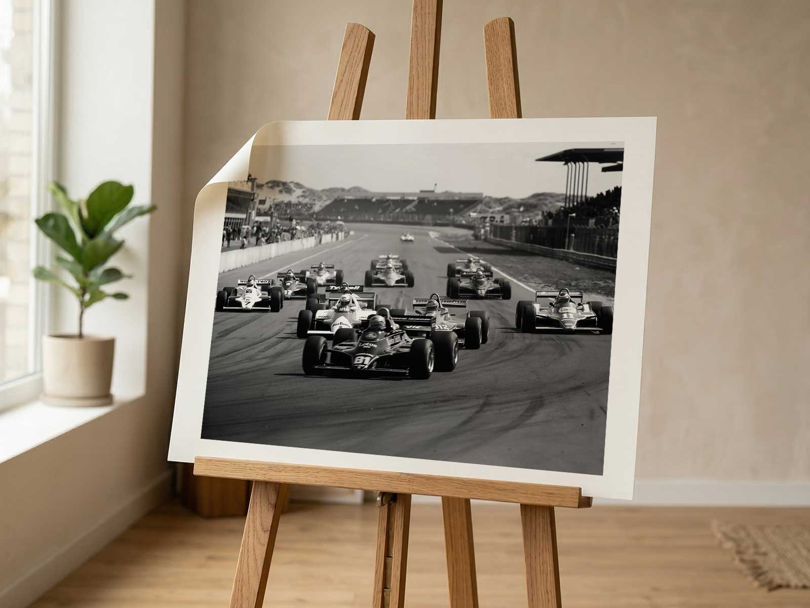 Poster depicting evocative compression and motion as multiple F1 cars converge, strong diagonal composition and retro…