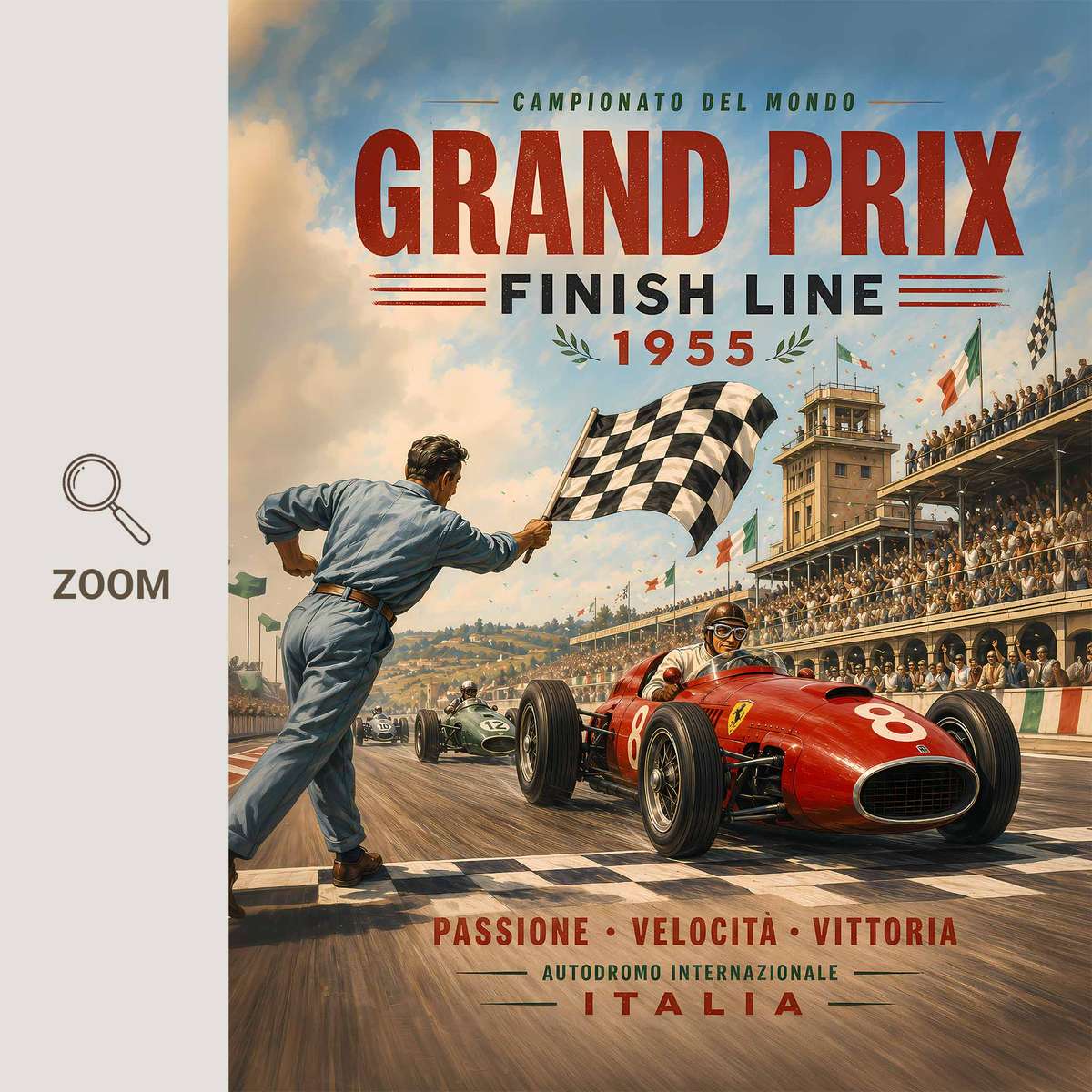 F1 decorative print featuring speed-focused composition with trackside detail inspired by 6 vintage formula 1 for track-day admirers