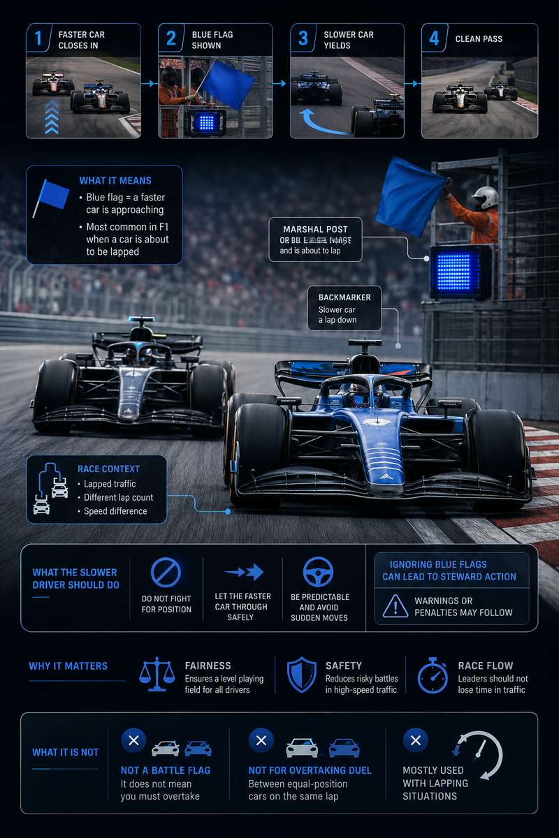 Circuit light panel displaying a bright blue light used in modern Formula 1 to indicate the blue flag to drivers