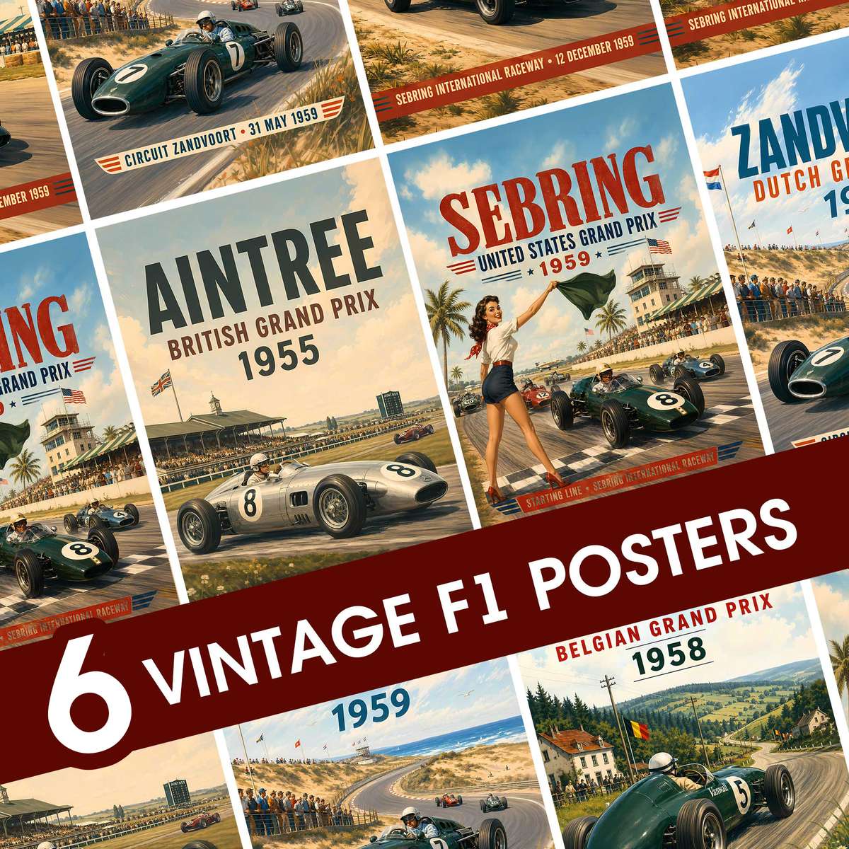 Retro Formula 1 Posters – 6 Vintage Racing Wall Arts, Silverstone, Spa… Formula 1 poster displayed as motorsport wall art