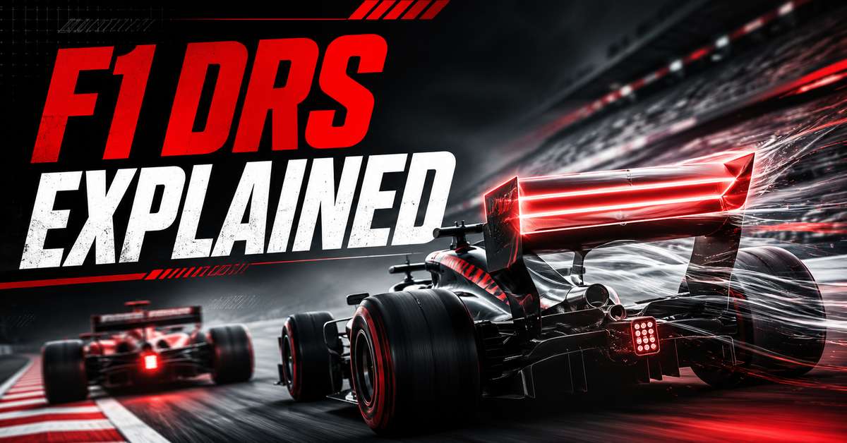 Formula 1 car with rear wing in DRS open position on a straight, reducing drag for higher top speed