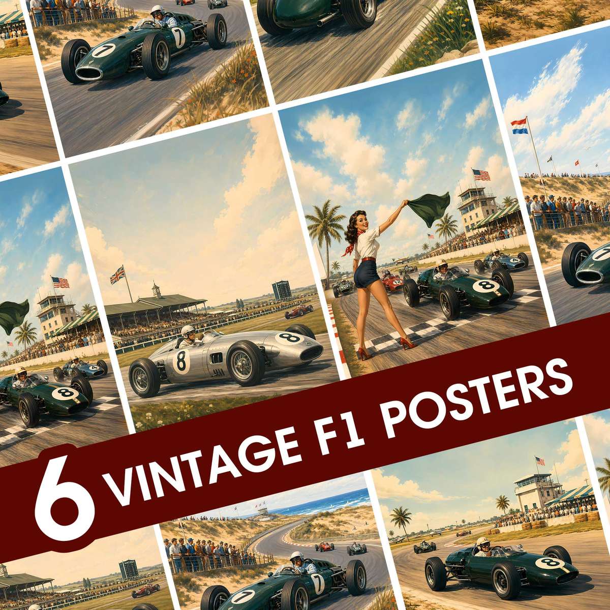 F1 Retro Posters – Set of 6 Vintage Racing Wall Arts, Silverstone, Spa… Formula 1 poster displayed as motorsport wall art