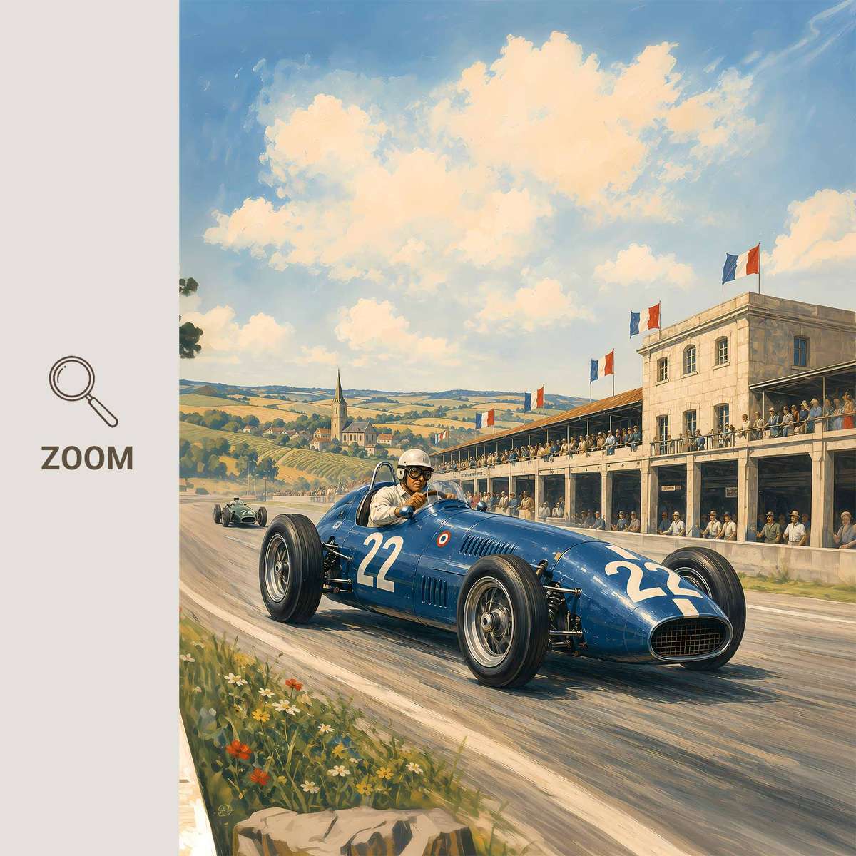 F1 composition styled as wall art and featuring race action framed by a bold circuit atmosphere inspired by set of 6 vintage racing
