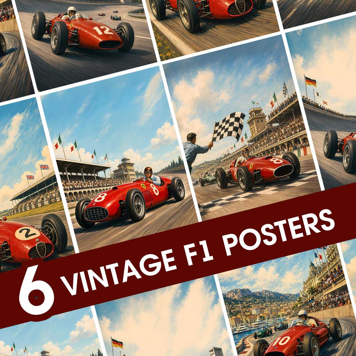 F1 Prints – Set of 6 Vintage Racing Posters, Silverstone, Spa, Zandvoort and USA… Formula 1 poster displayed as motorsport wall art