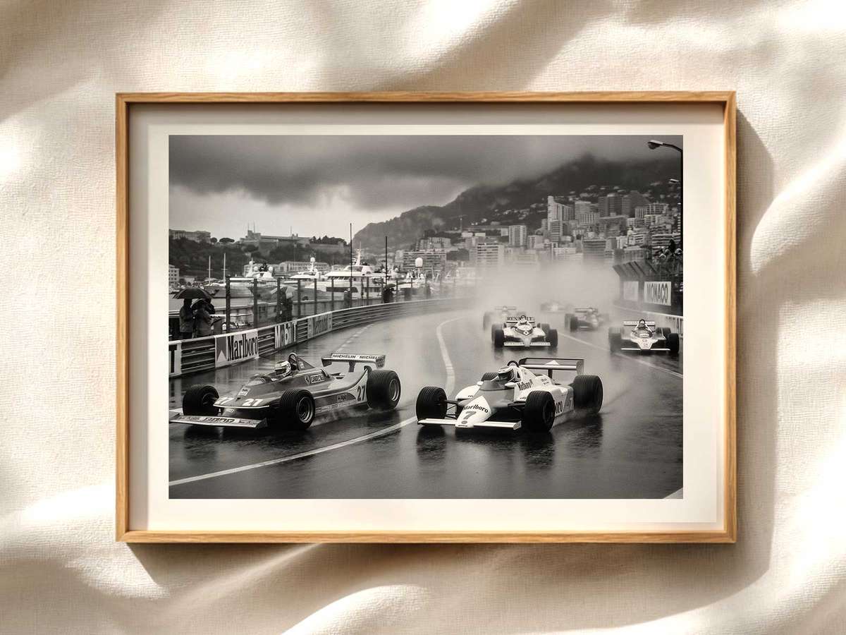 Wide Shot: Rain-Soaked F1 Grid Formula 1 poster displayed as motorsport wall art