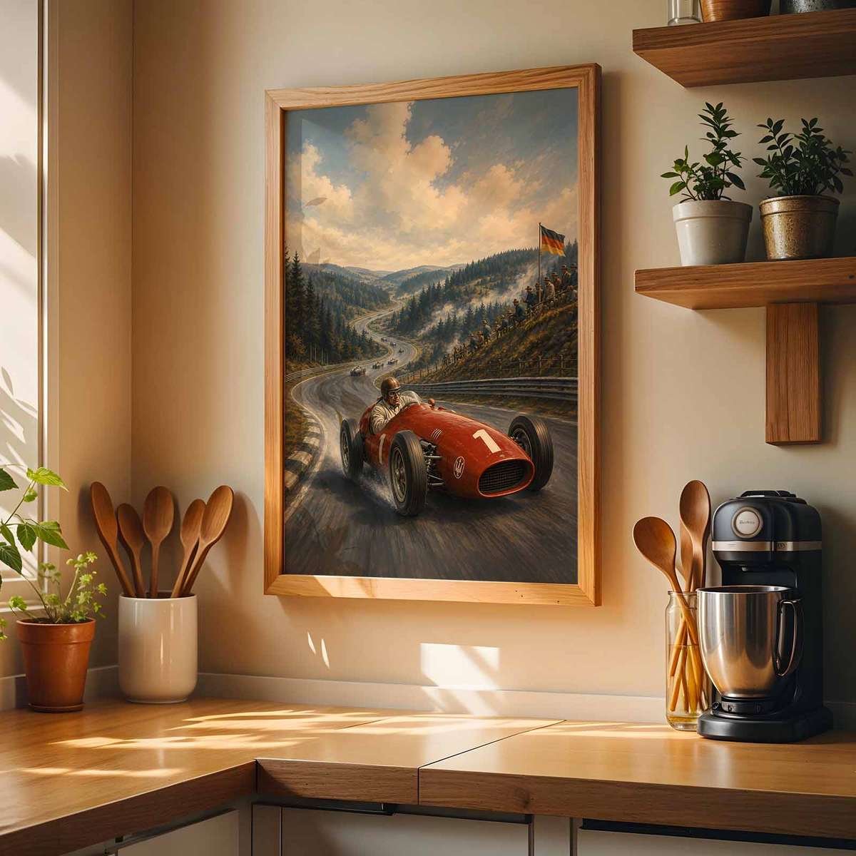 Vintage wall art of F1 Monaco Grand Prix Fans created for garage decor