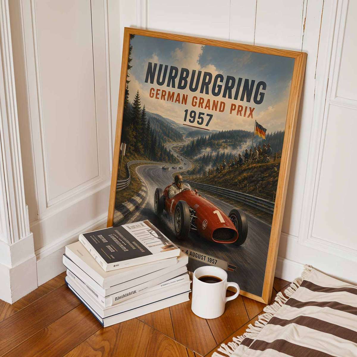 Vintage illustration of Formula One Nurburgring presented through race action framed by a bold circuit atmosphere