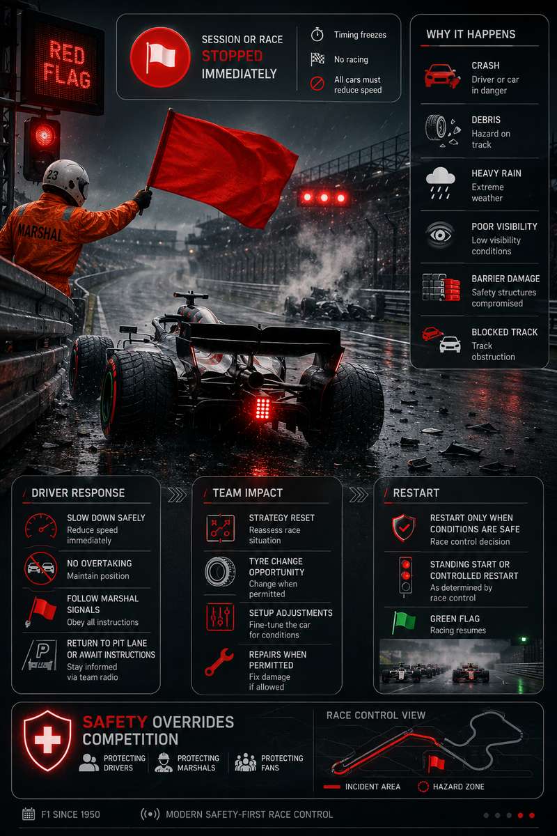 Multiple Formula 1 cars lined up in the pit lane under a red flag with team personnel assessing conditions