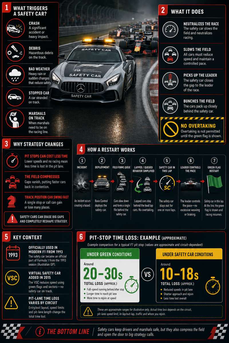 Safety car overtaking a lapped Formula 1 car to allow it to unlap under controlled conditions