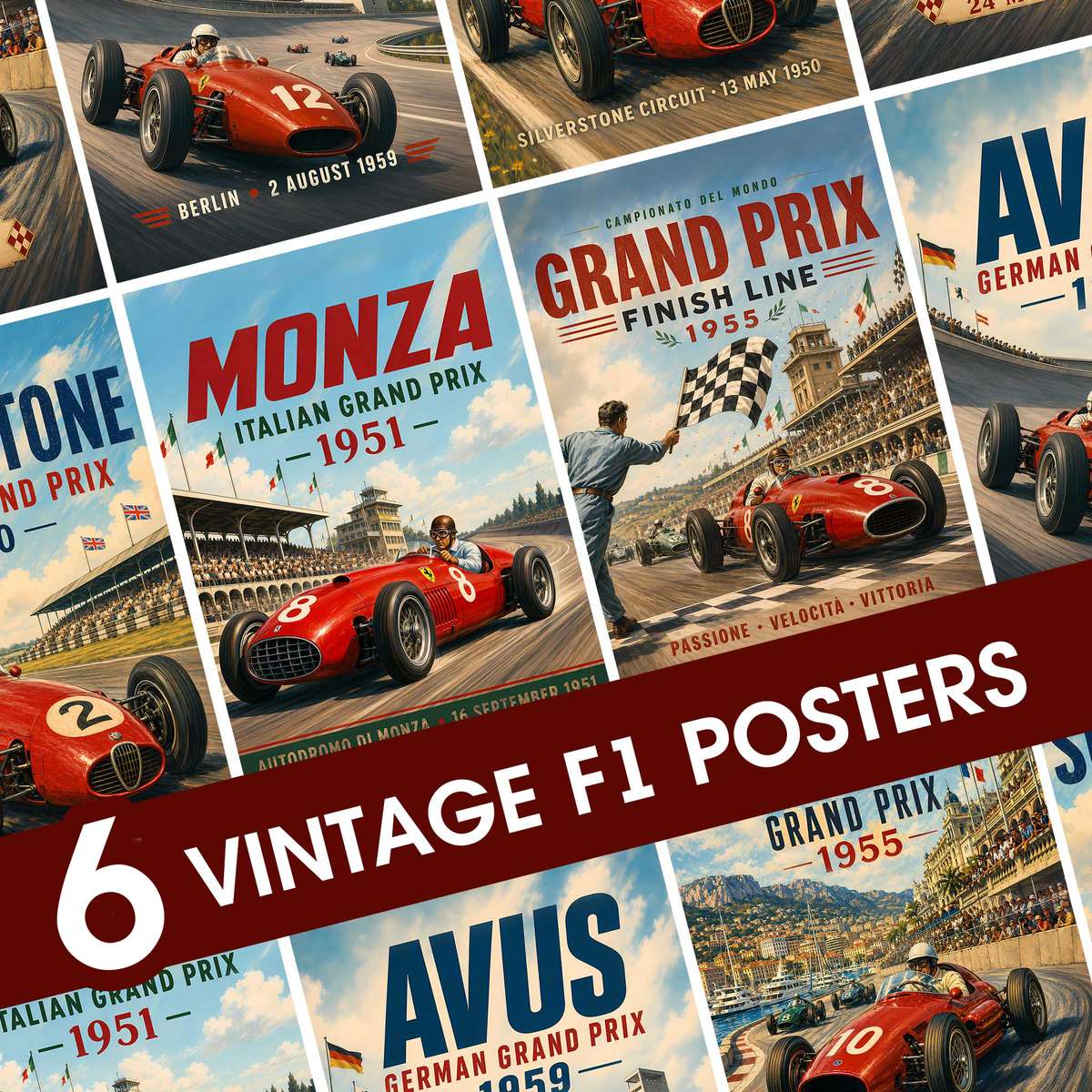 Vintage illustration of F1 presented through speed-focused composition with trackside detail