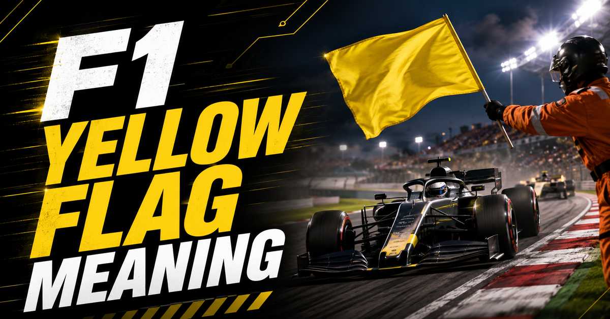 Single waved yellow flag being shown trackside during a Formula 1 session advising drivers to slow and be cautious