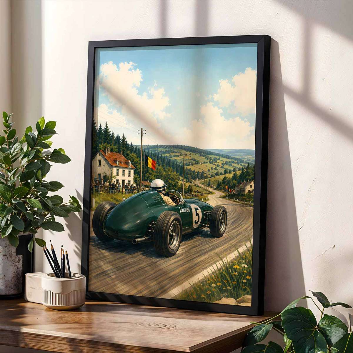 F1poster decorative print featuring cornering action and dynamic race-day character inspired by spa-francorchamps 1950s racing art for racing enthusiasts