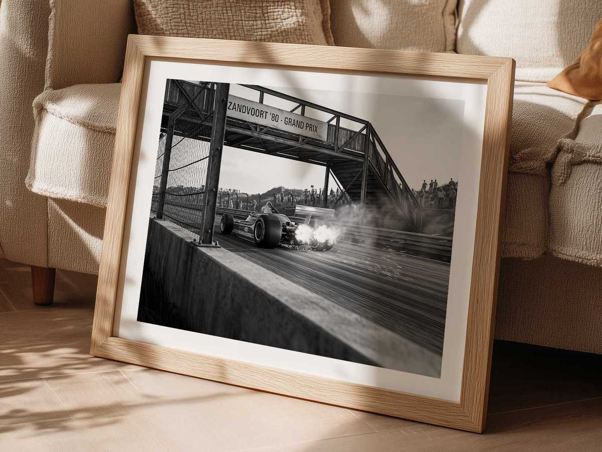Collage-style poster of the Ferrari 312 T5 with layered photographs, creases, and patina to convey archival depth