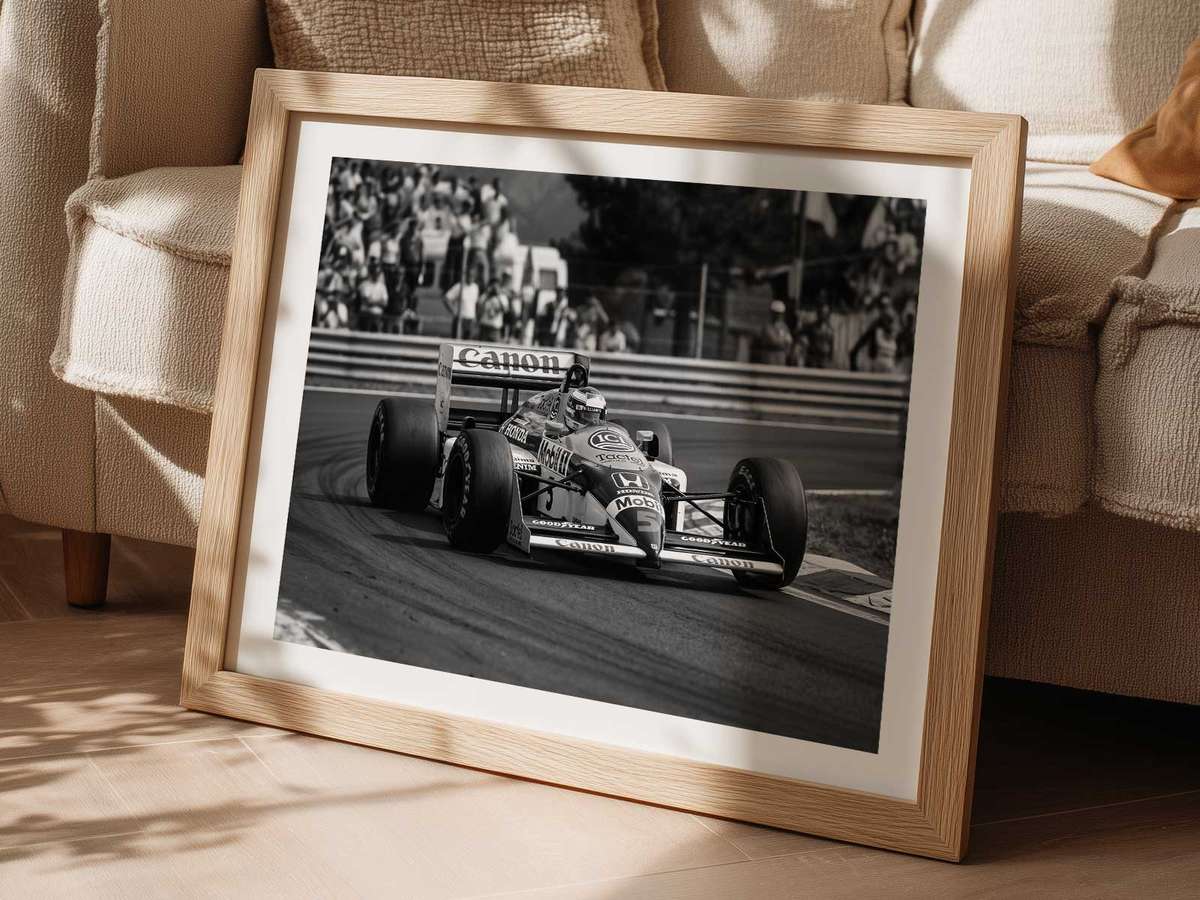 Silhouetted turbo-era car crossing the finish line with compressed perspective and dramatic edge definition