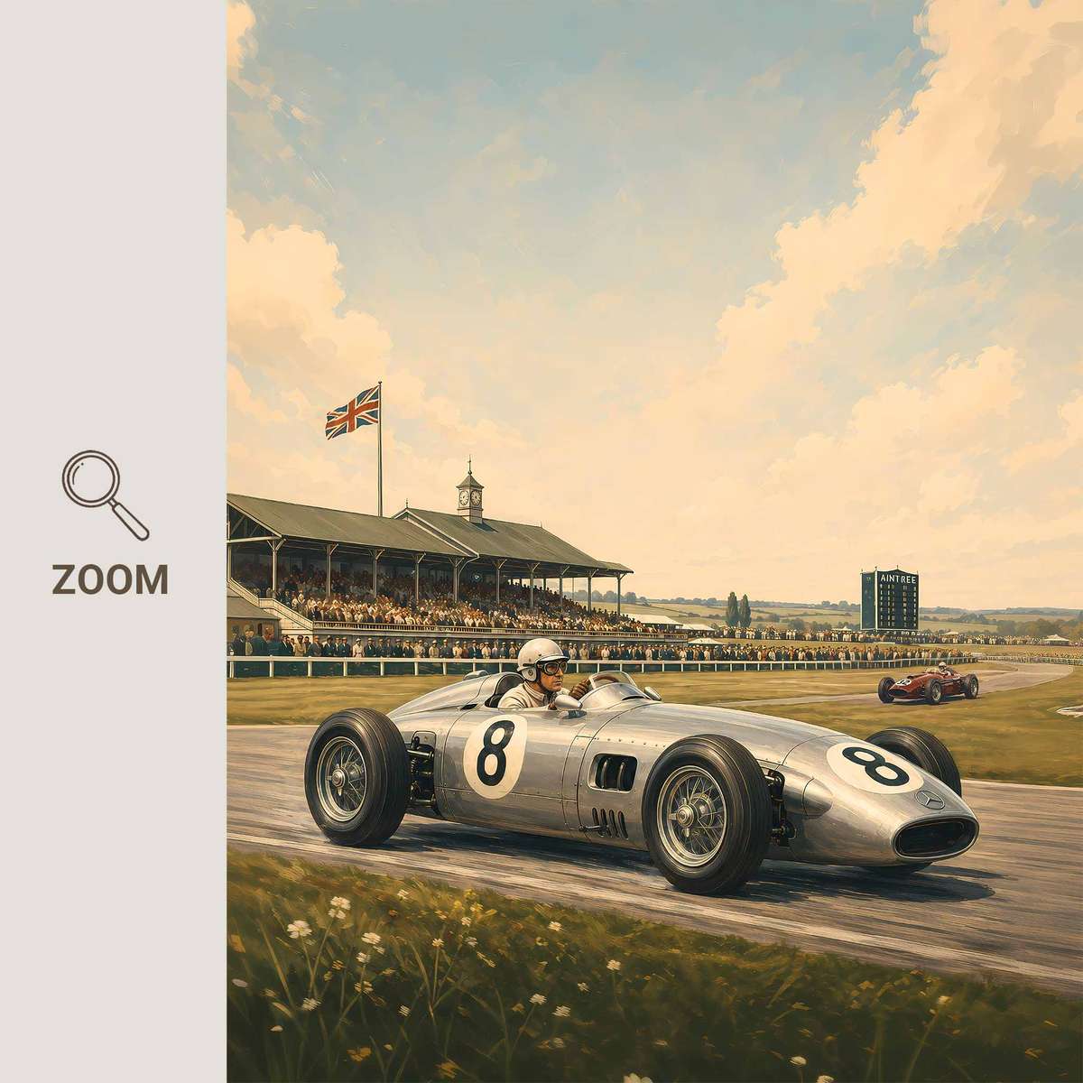 Stylized illustration of Formula 1 presented through speed-focused composition with trackside detail inspired by aintree 1950s racing