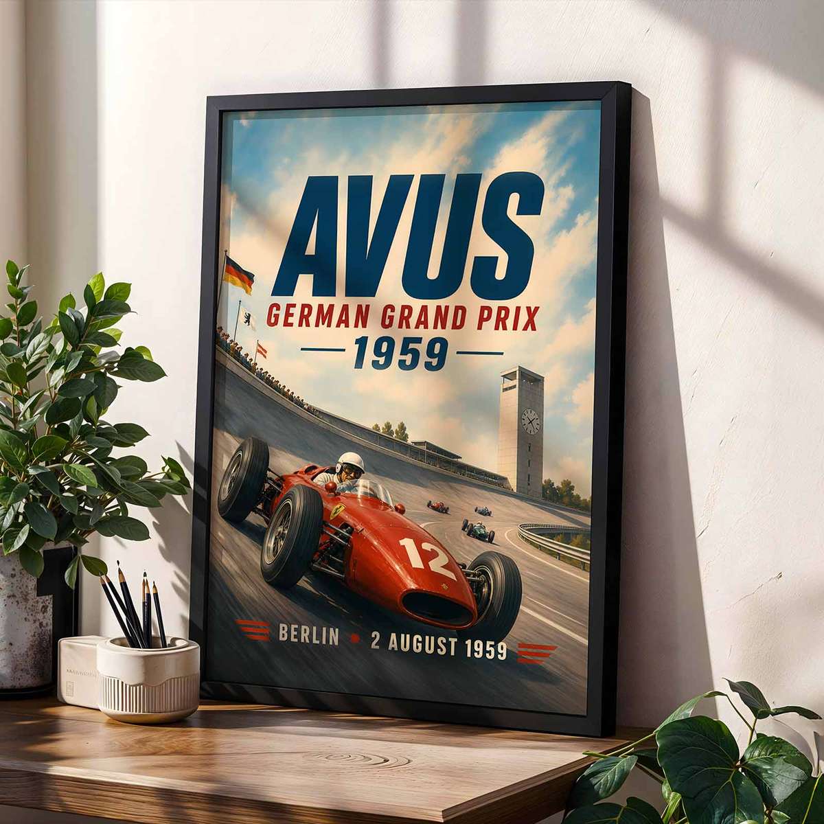 Formula 1 composition styled as wall art and featuring cornering action and dynamic race-day character inspired by avus 1959 german grand prix