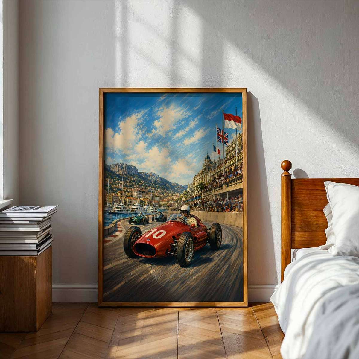 Formula 1 shown in a vintage composition showcasing racing lines with dramatic circuit energy inspired by monaco 1950s racing
