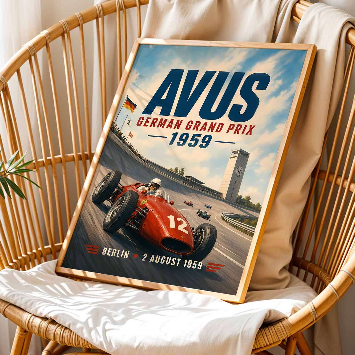 Formula 1 shown in a vintage composition showcasing cornering action and dynamic race-day character inspired by avus 1959 german grand prix