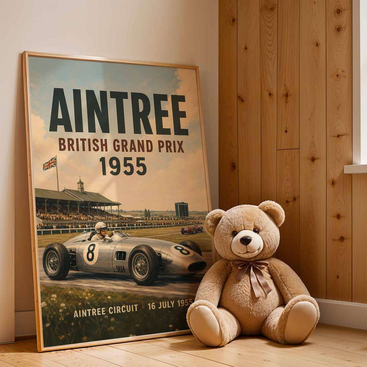 Vintage wall art centered on Formula 1 Grand Prix Silverstone Fans with a energetic atmosphere