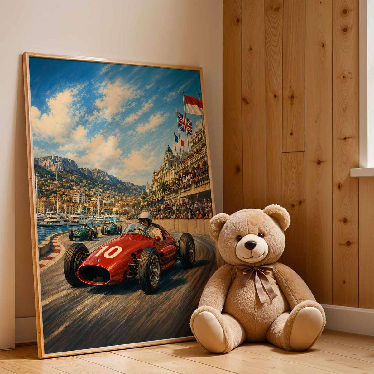 Formula 1 wall art combining motorsport engineering and intense visual movement inspired by monaco 1950s racing in a competitive composition