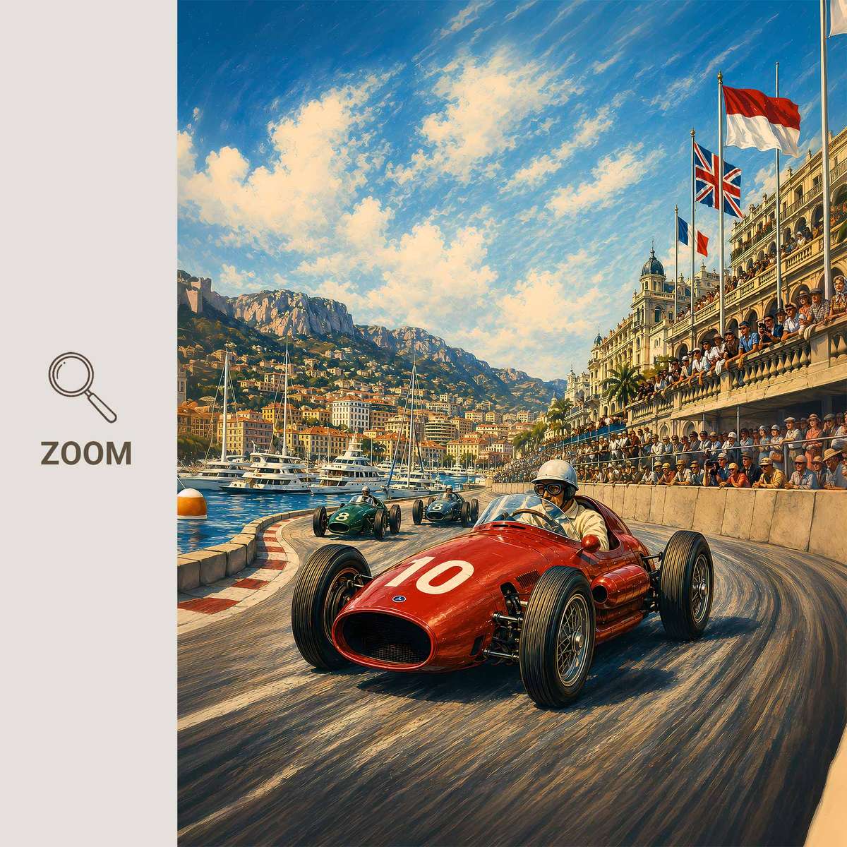 Formula 1 decorative print featuring motorsport engineering and intense visual movement inspired by monaco 1950s racing for motorsport fans