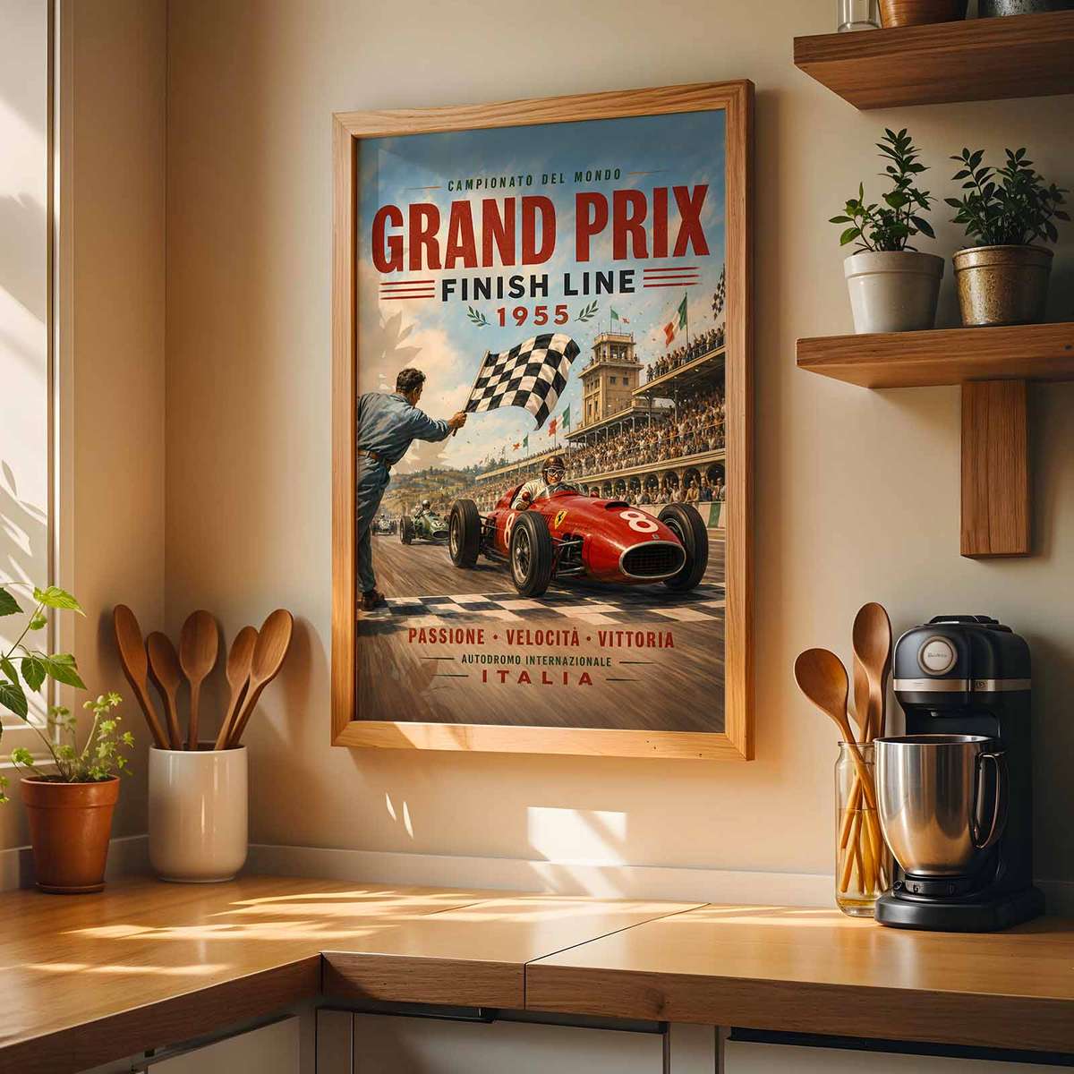 Retro Formula 1 USA Fans painting featuring racing lines with dramatic circuit energy inspired by italian finish line