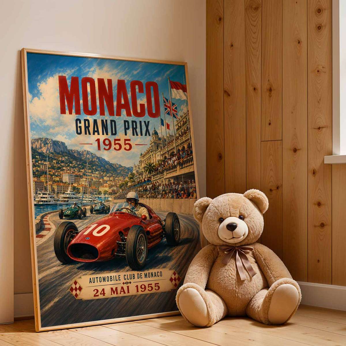 Formula One Monaco composition styled as wall art and featuring race action framed by a bold circuit atmosphere inspired by 1955 street racing