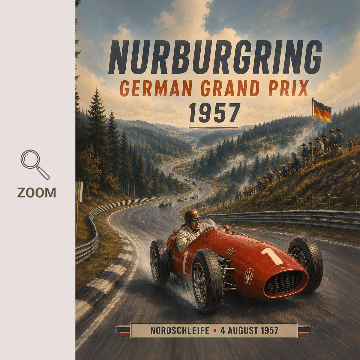 Gallery-style Formula One Nurburgring artwork with retro details for garage decor