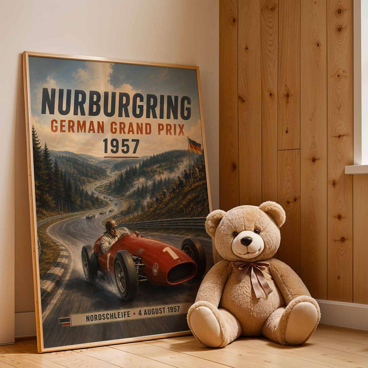 Formula One Nurburgring decorative print featuring speed-focused composition with trackside detail inspired by f1 nurburgring nordschleife for racing enthusiasts