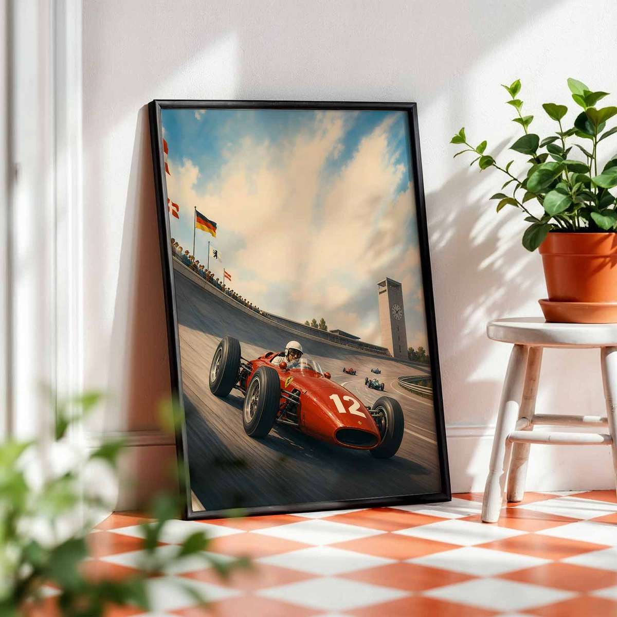 Artistic view of German F1 showing racing lines with dramatic circuit energy inspired by avus 1950s racing for office decor