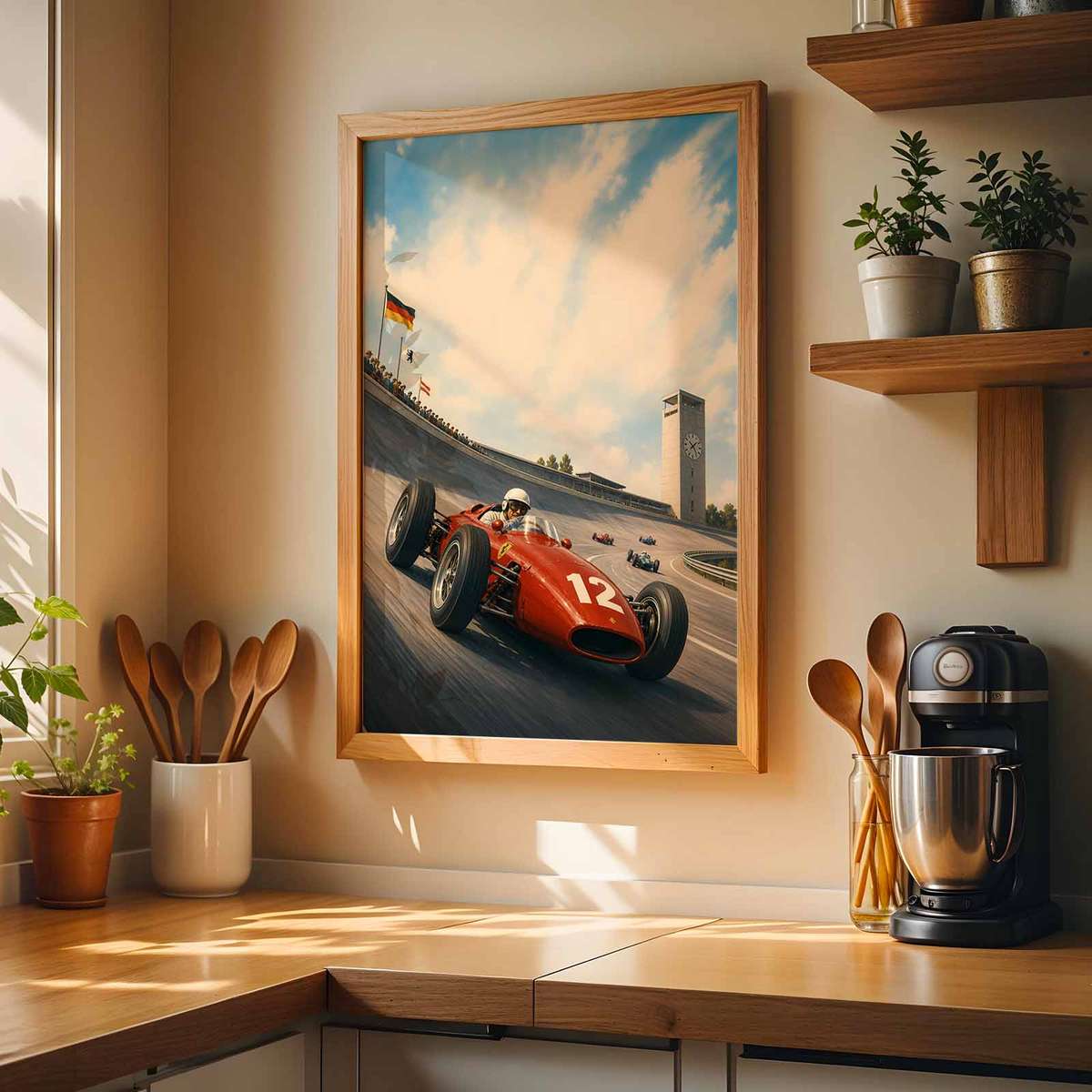 German F1 decorative print featuring racing lines with dramatic circuit energy inspired by avus 1950s racing for motorsport fans