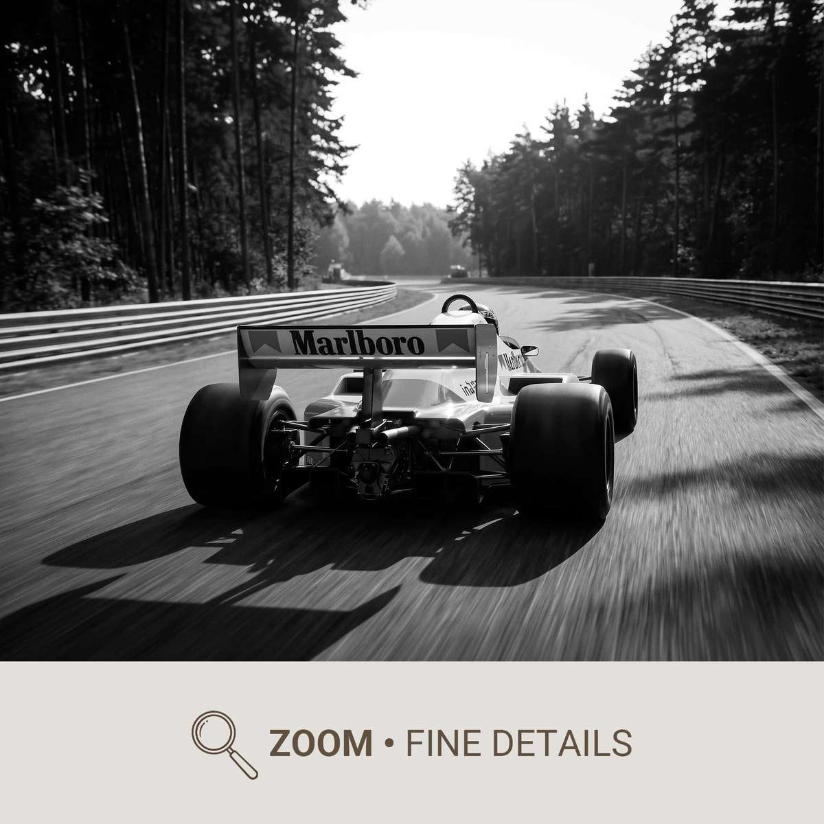 1980s McLaren MP4 captured mid-corner with motion blur conveying speed and the car's distinctive liveried shapes