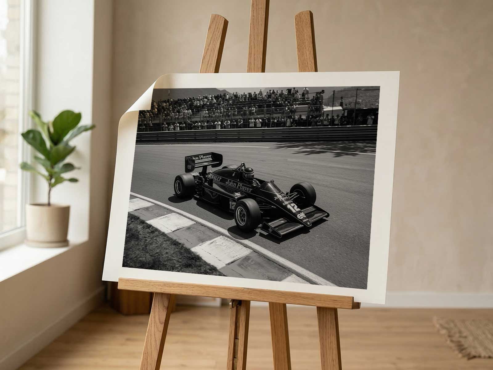 Heritage composition poster of a Lotus F1 in motion capturing legacy and timeless design