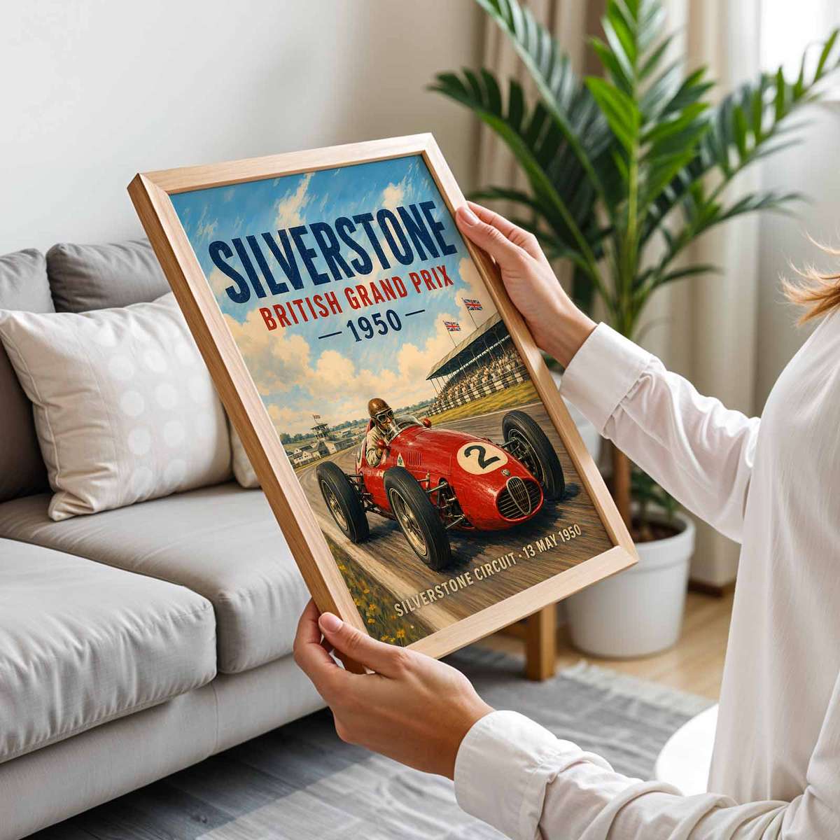 Decorative Silver Stone Grand Prix artwork designed for racing enthusiasts and gaming room decor