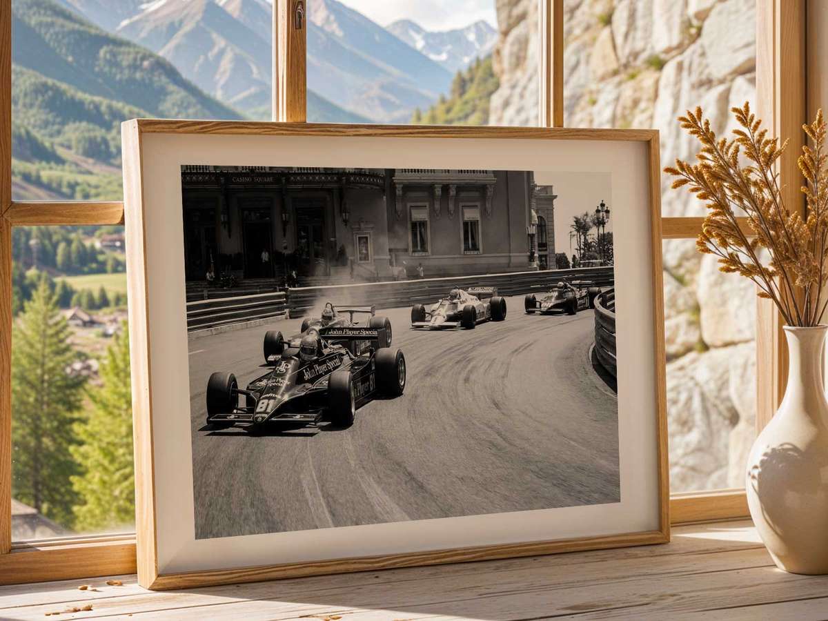 Silhouette of a classic 1980s F1 car at Hungaroring rendered with vintage halftone