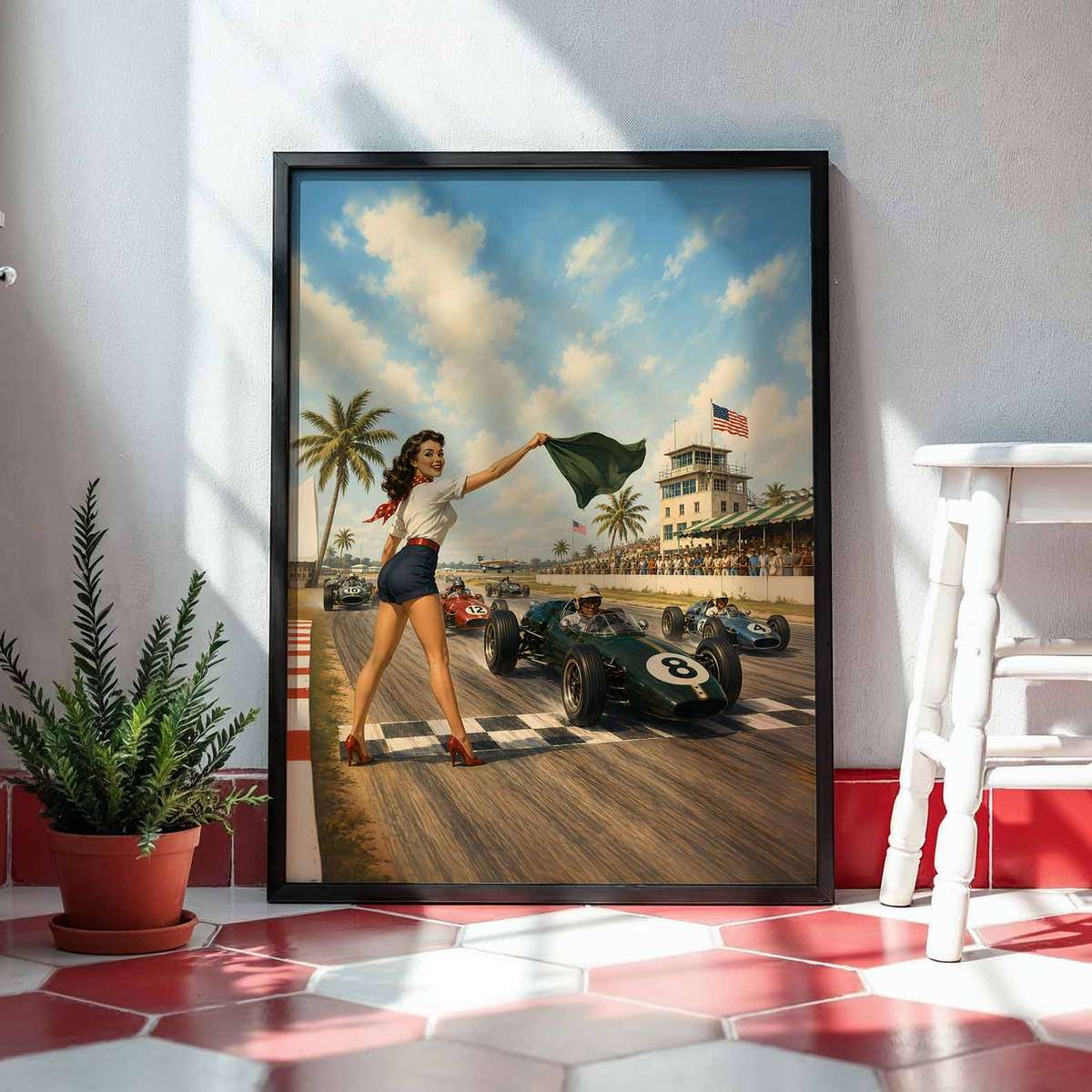 Imola Italy F1 Fans wall art showcasing race action framed by a bold circuit atmosphere inspired by vintage 1950s formula one and a bold visual character